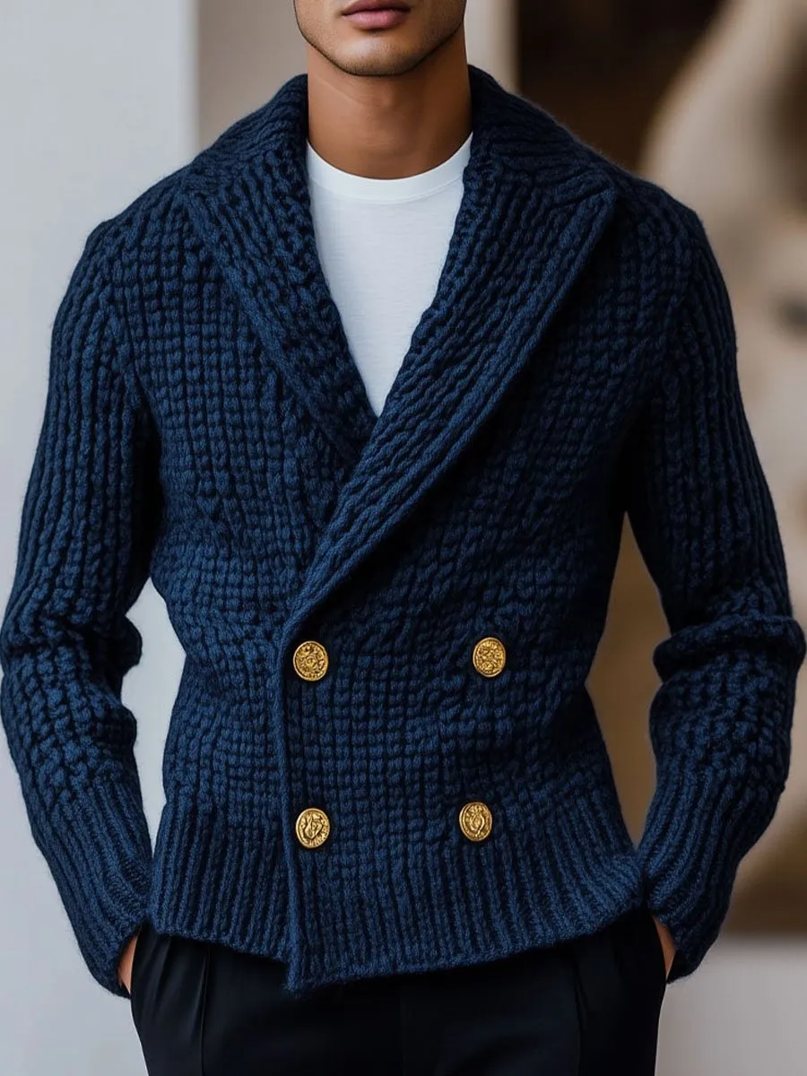 【24-hour shipping】Men's Lapel Double Breasted Solid Color Knit Cardigan