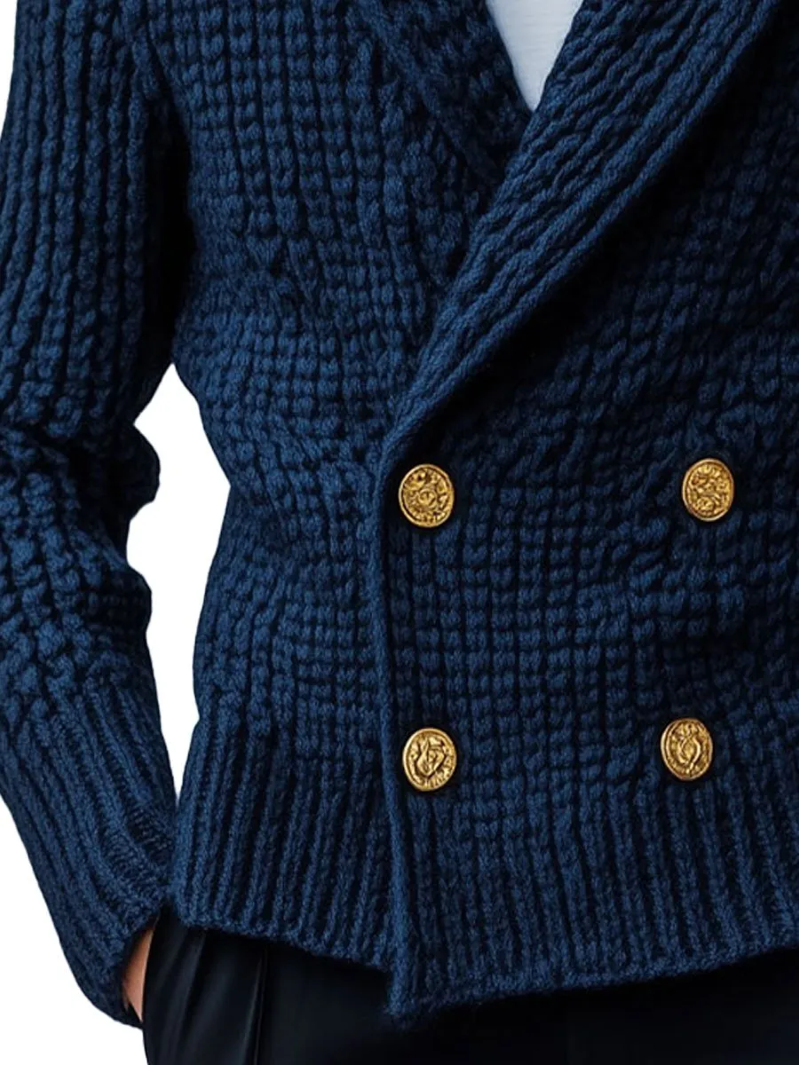 【24-hour shipping】Men's Lapel Double Breasted Solid Color Knit Cardigan