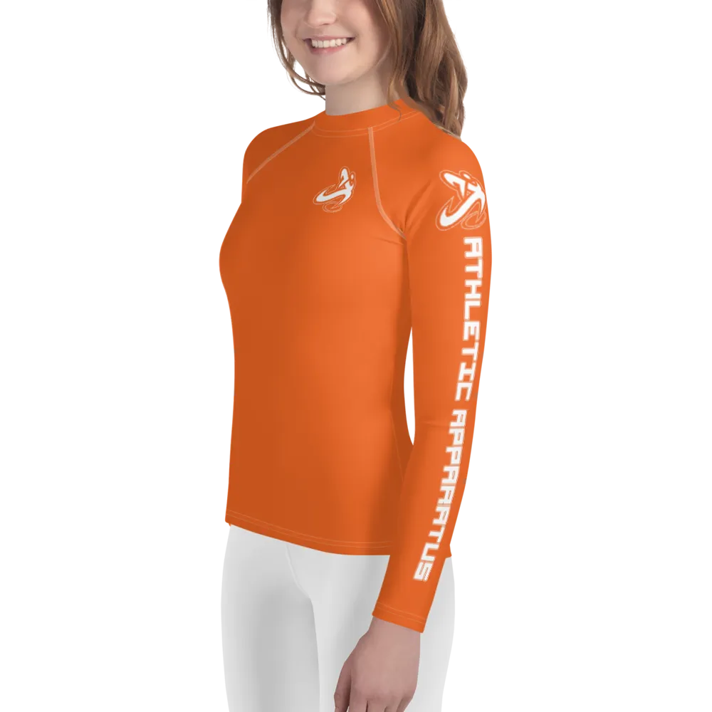Athletic Apparatus Orange White logo White stitch Youth Rash Guard