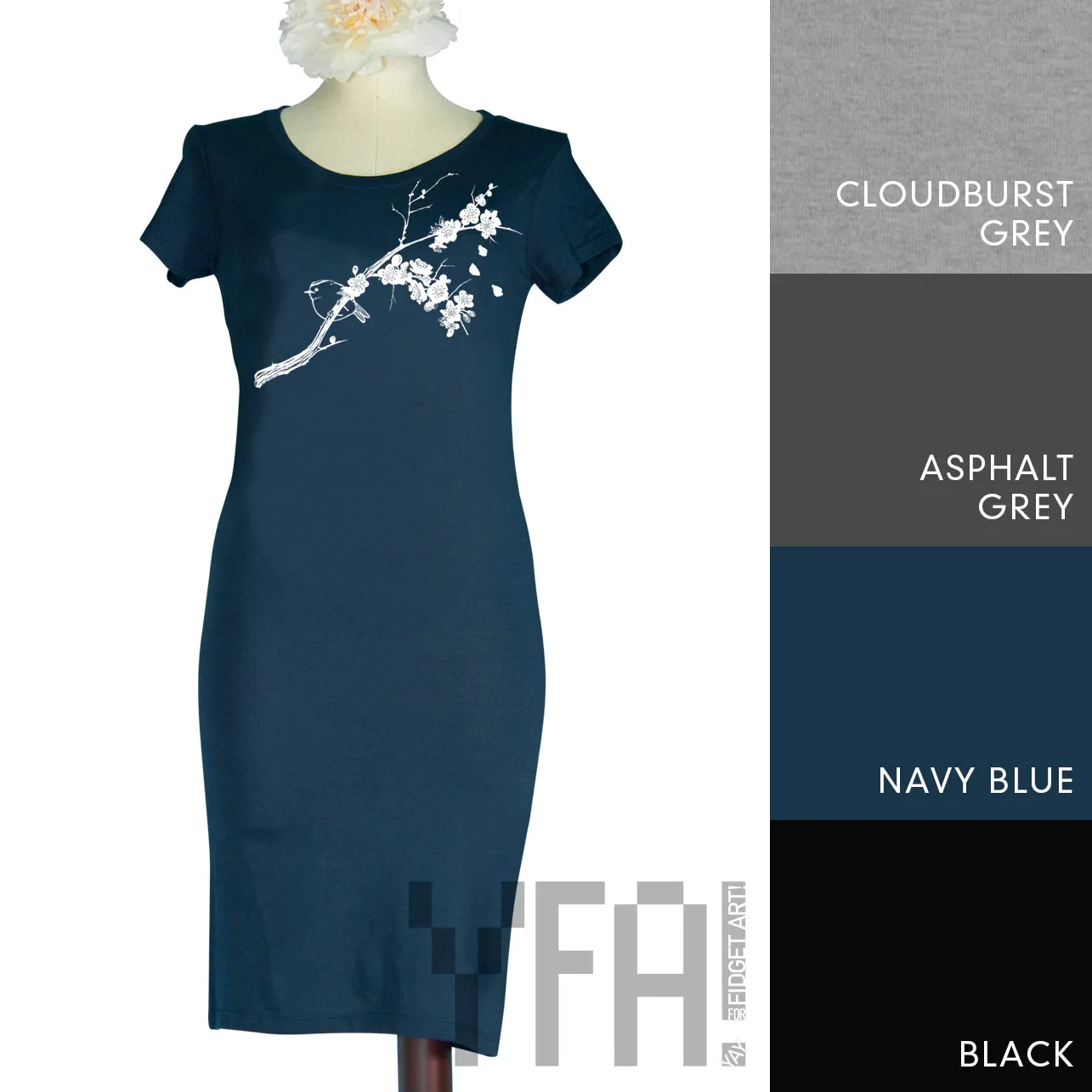 Bird and Plum Blossoms Bamboo T-Shirt Dress | Made to Order