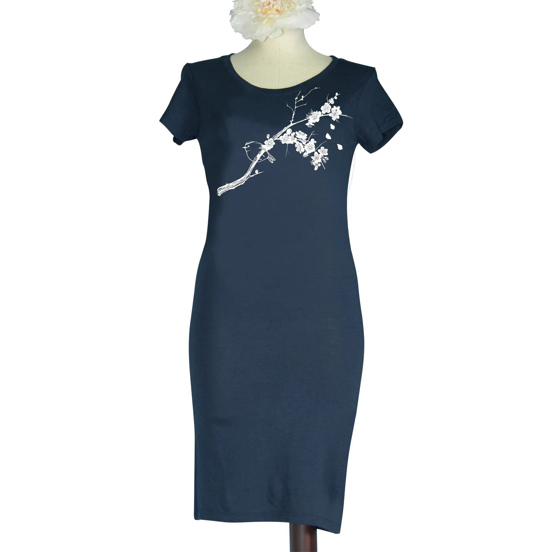 Bird and Plum Blossoms Bamboo T-Shirt Dress | Made to Order