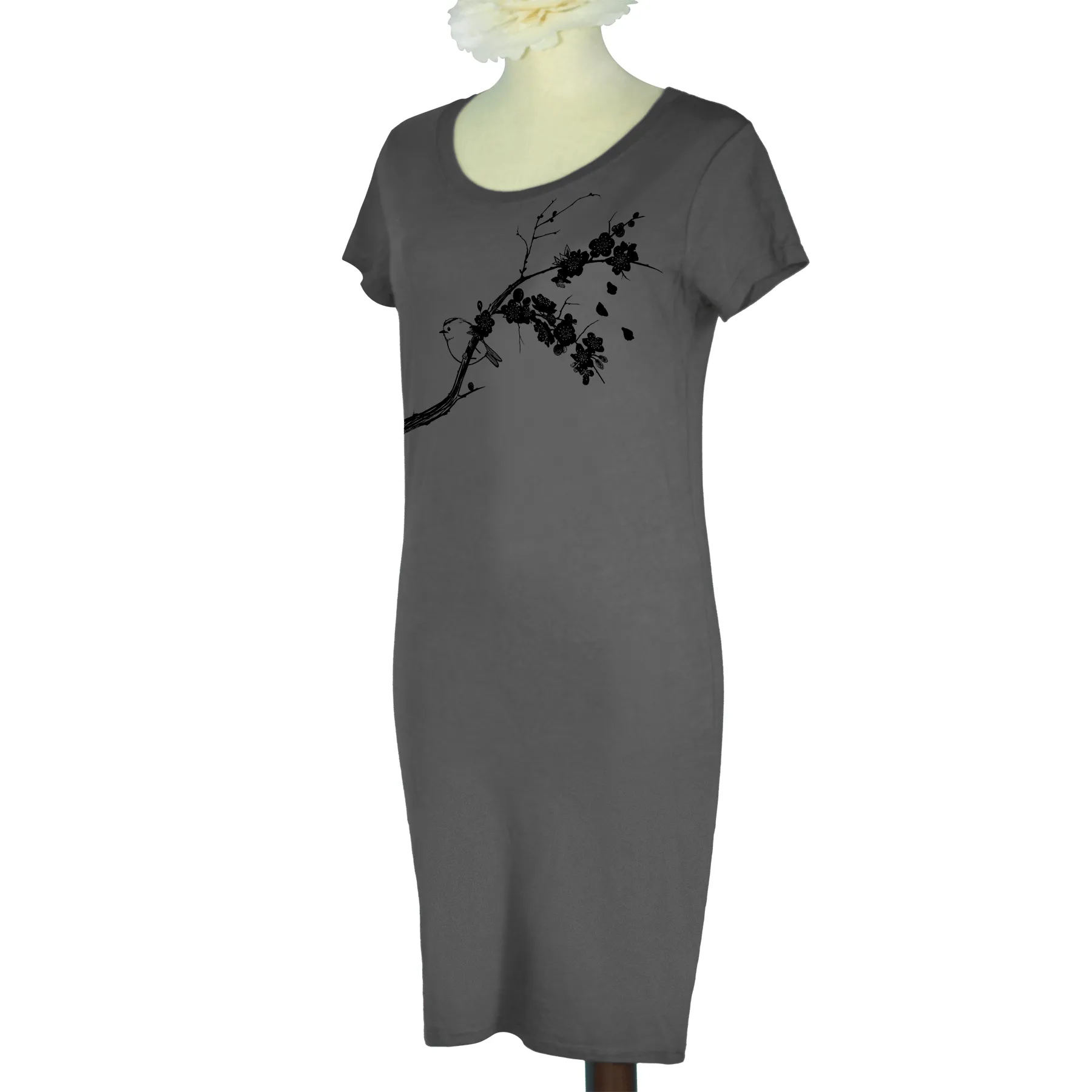 Bird and Plum Blossoms Bamboo T-Shirt Dress | Made to Order