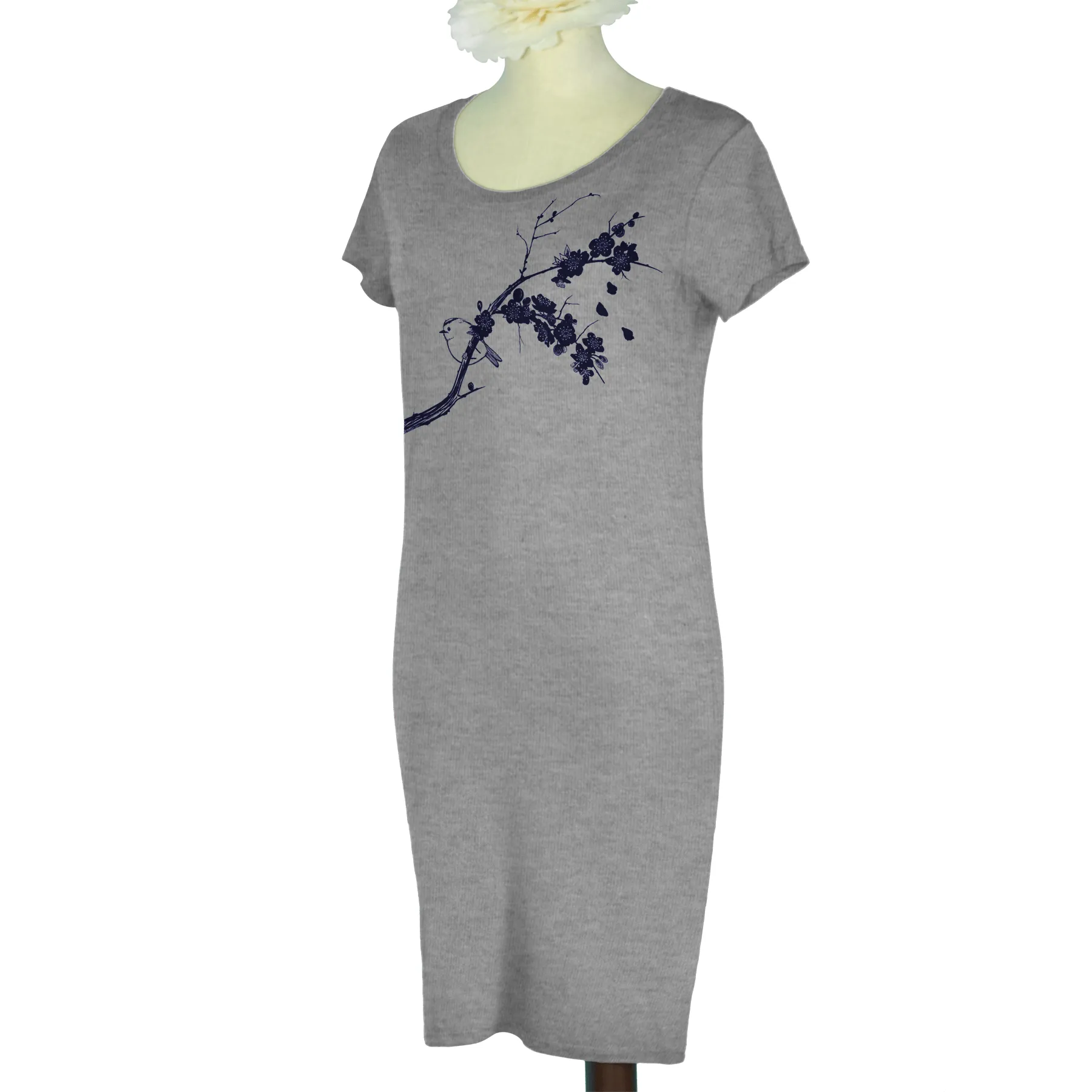 Bird and Plum Blossoms Bamboo T-Shirt Dress | Made to Order