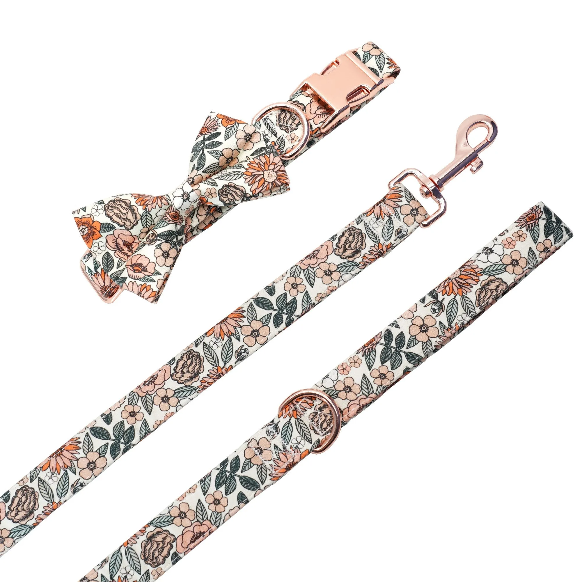 Boho Floral Set: Personalized Flower Collar/Bow collar, Harness, Leash, Poopbag, And Bandana.