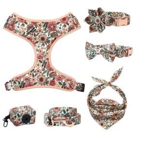 Boho Floral Set: Personalized Flower Collar/Bow collar, Harness, Leash, Poopbag, And Bandana.