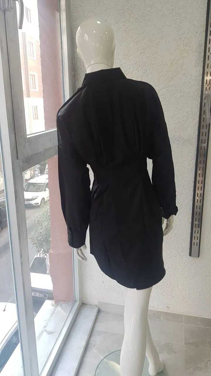 Button-Up Shirt Pleated Waist Mini Women Dress