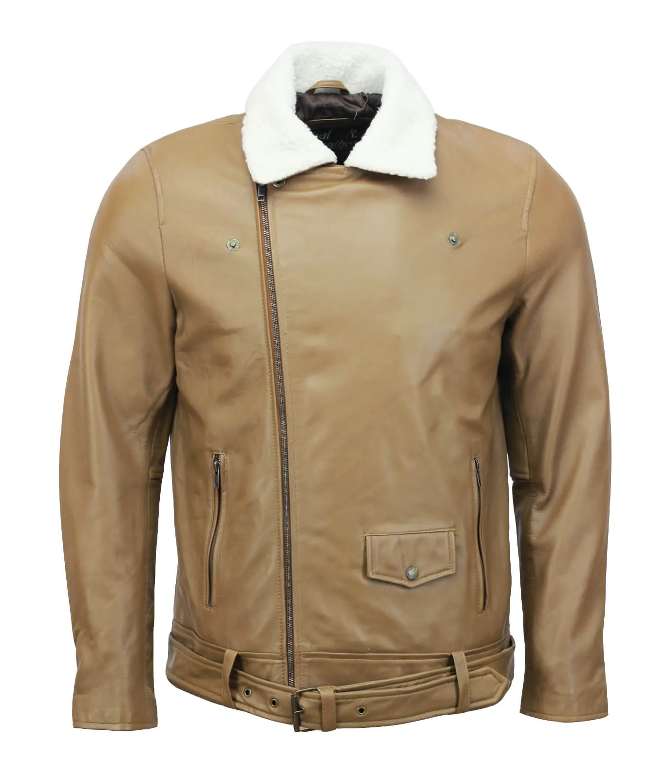 Camel Motorcycle Leather Jacket with Fur Collar