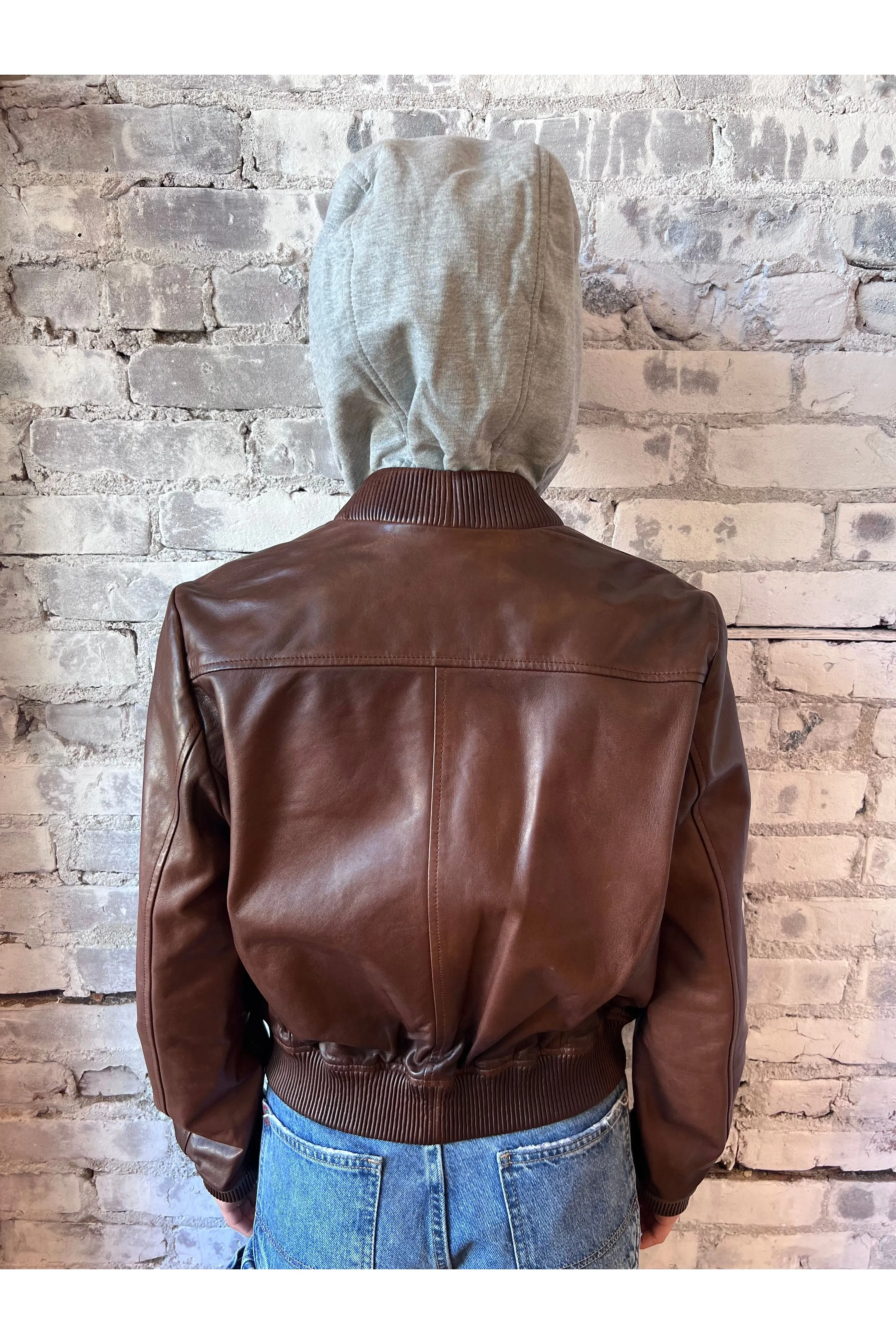 Candace Leather Bomber Jacket - Chocolate Brown/Heather Grey