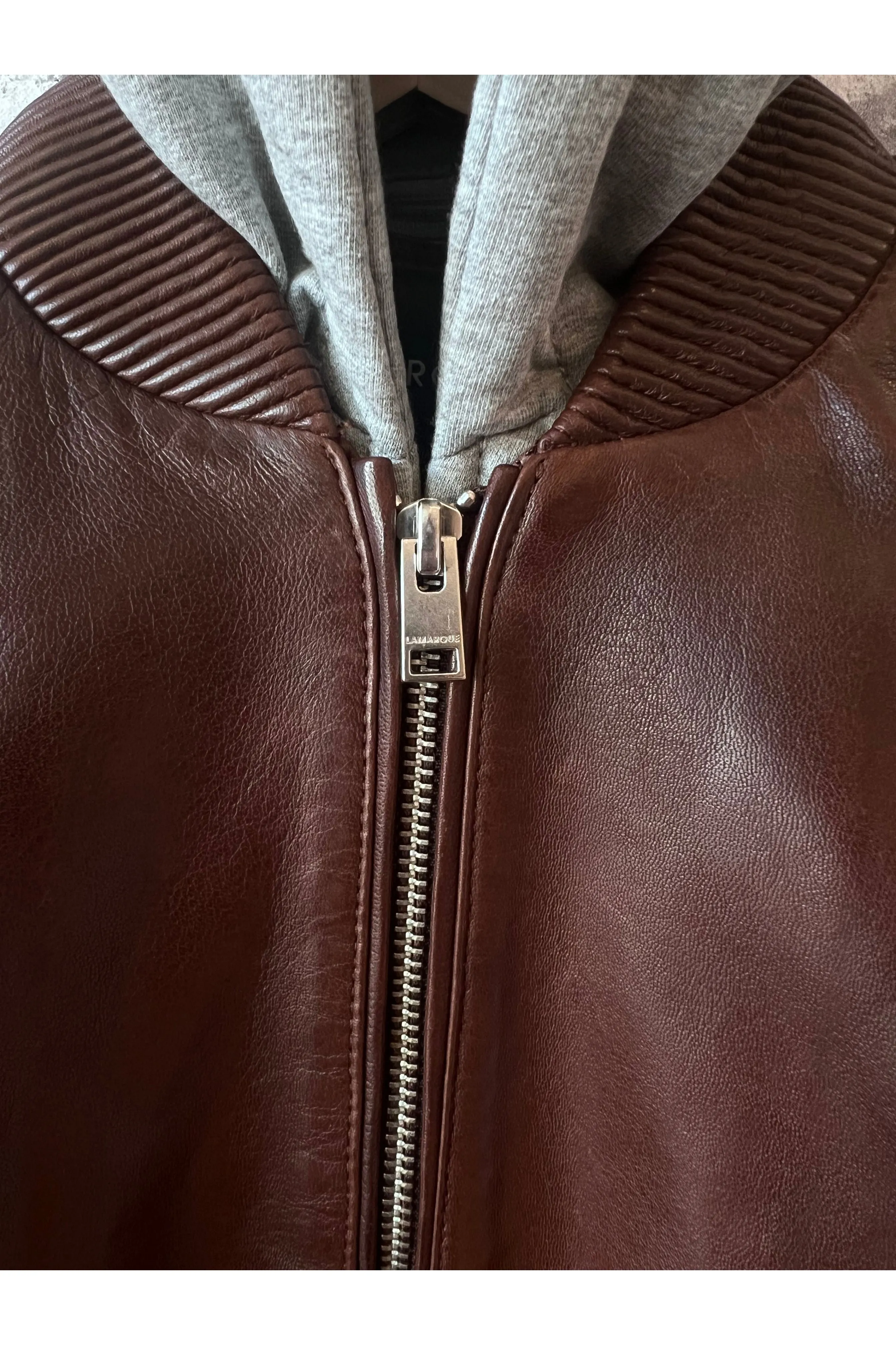Candace Leather Bomber Jacket - Chocolate Brown/Heather Grey