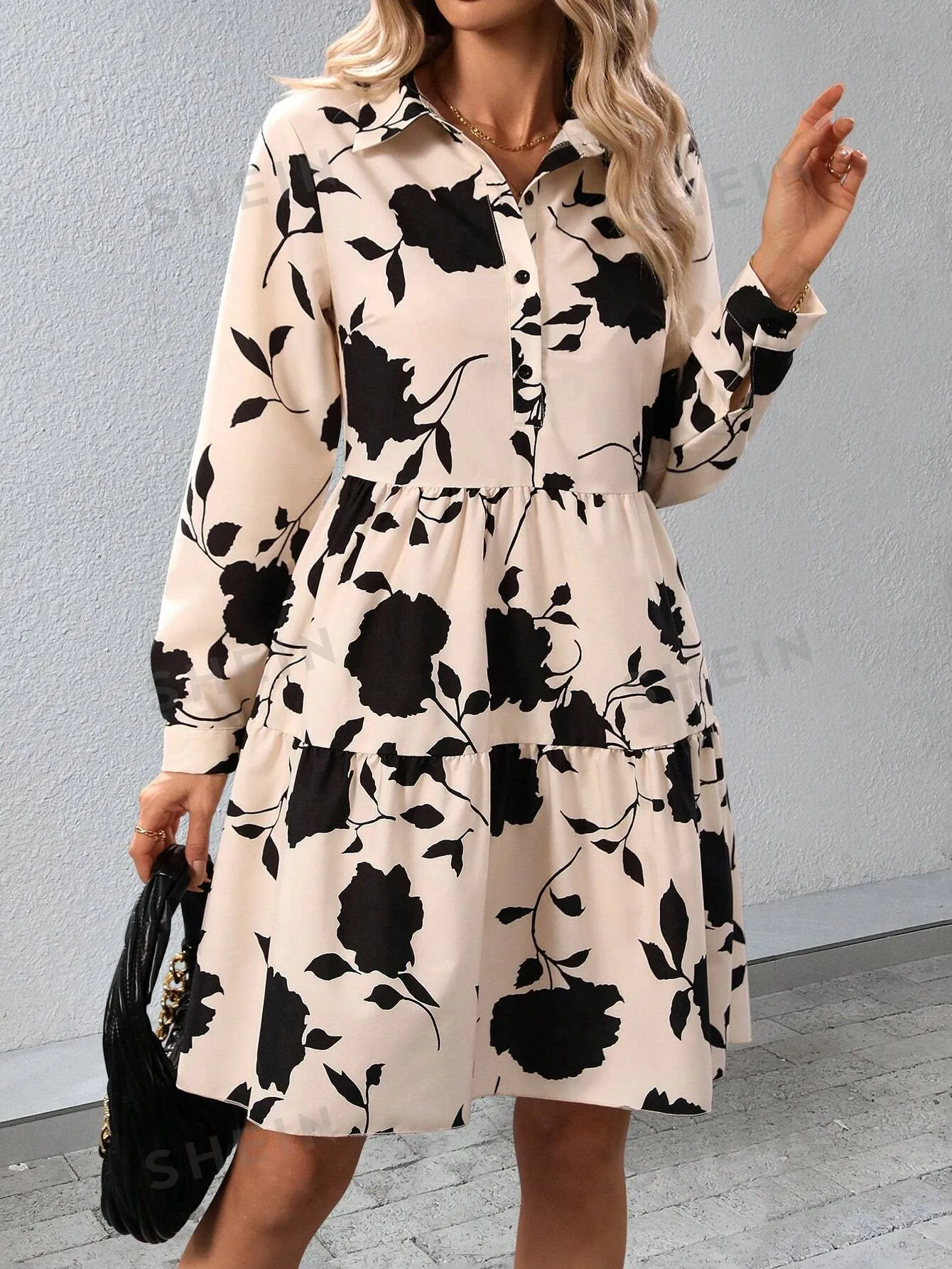 Clasi Floral Print Patchwork Button-Up Shirt Dress