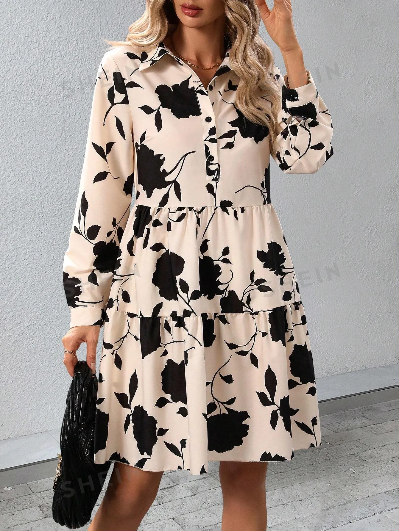 Clasi Floral Print Patchwork Button-Up Shirt Dress