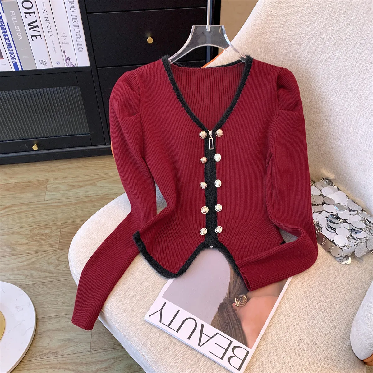 Color Blocking V-neck Zipped Cardigan