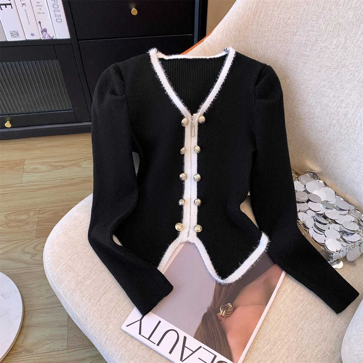 Color Blocking V-neck Zipped Cardigan