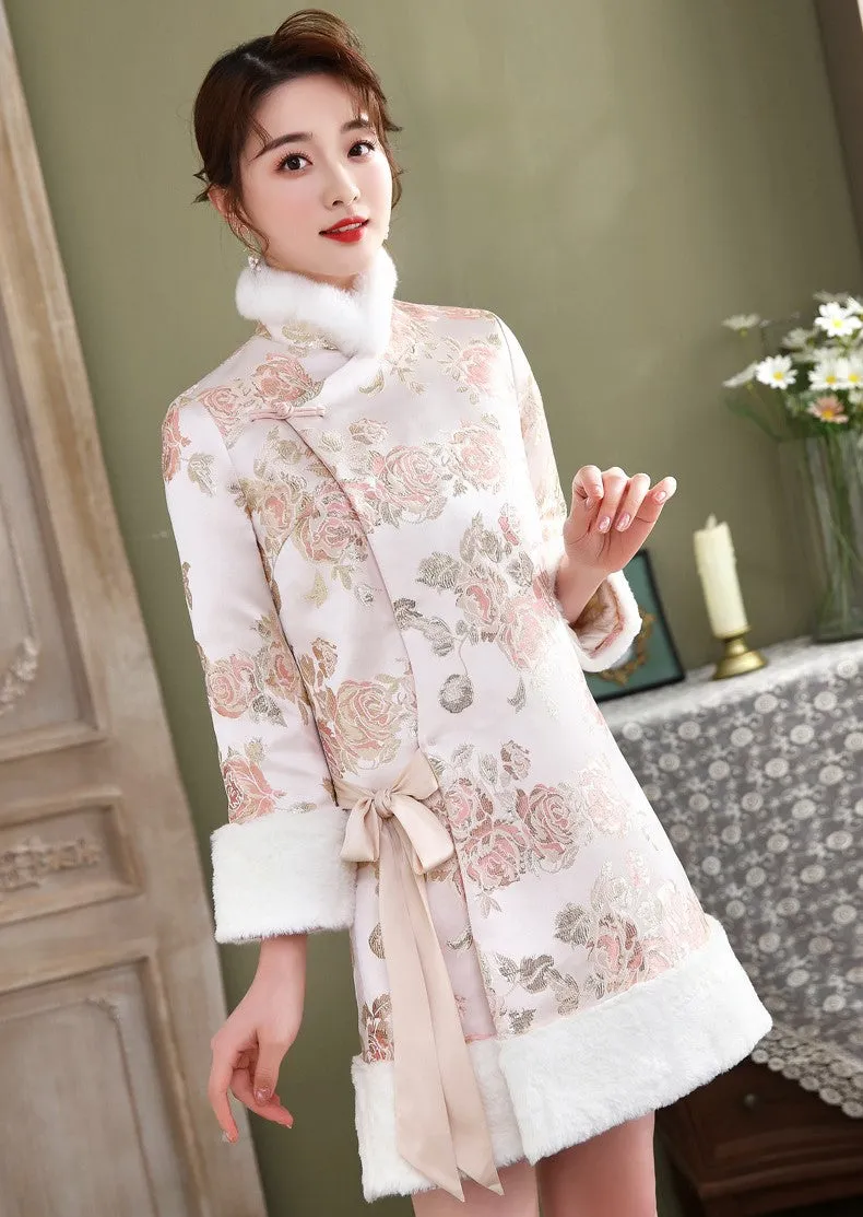 Floral Brocade Fur Edge Women's Chinese Style Wadded Coat with Bowknot Belt