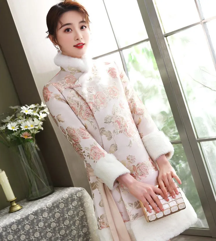 Floral Brocade Fur Edge Women's Chinese Style Wadded Coat with Bowknot Belt