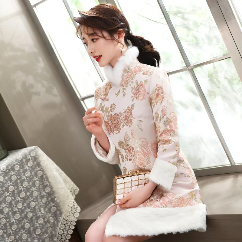 Floral Brocade Fur Edge Women's Chinese Style Wadded Coat with Bowknot Belt