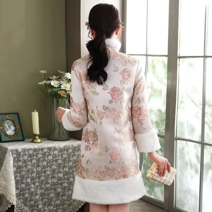 Floral Brocade Fur Edge Women's Chinese Style Wadded Coat with Bowknot Belt