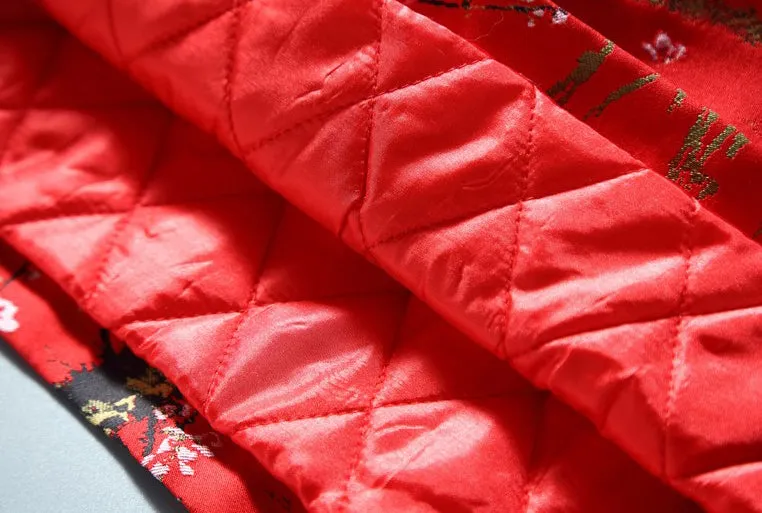 Floral Brocade Fur Edge Women's Chinese Style Wadded Coat with Bowknot Belt