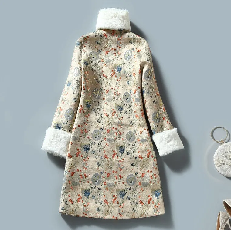 Floral Brocade Fur Edge Women's Chinese Style Wadded Coat