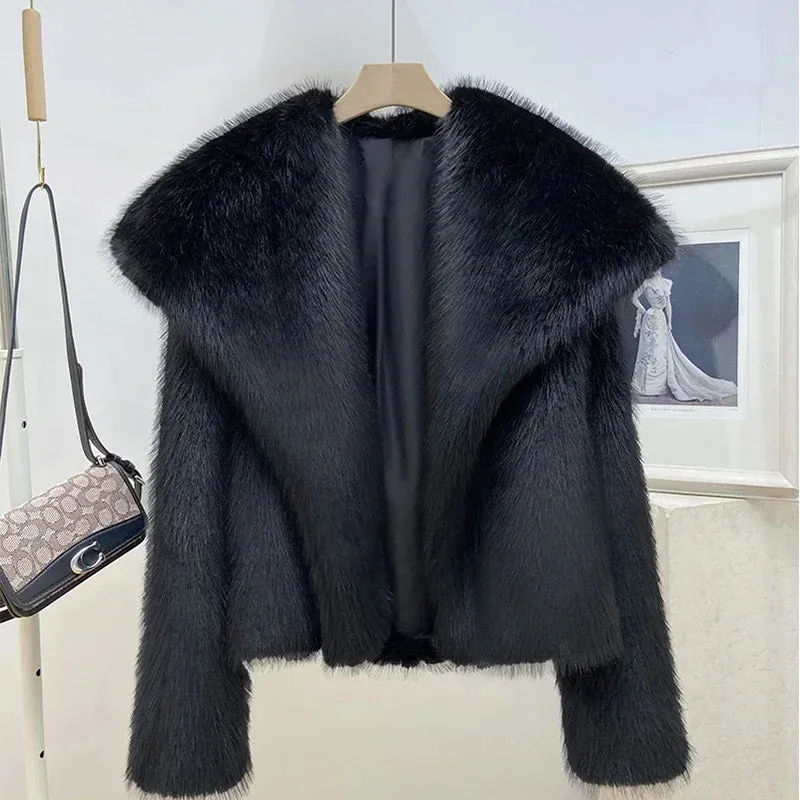 Fur Turndown Collar Long Sleeve Short Coat