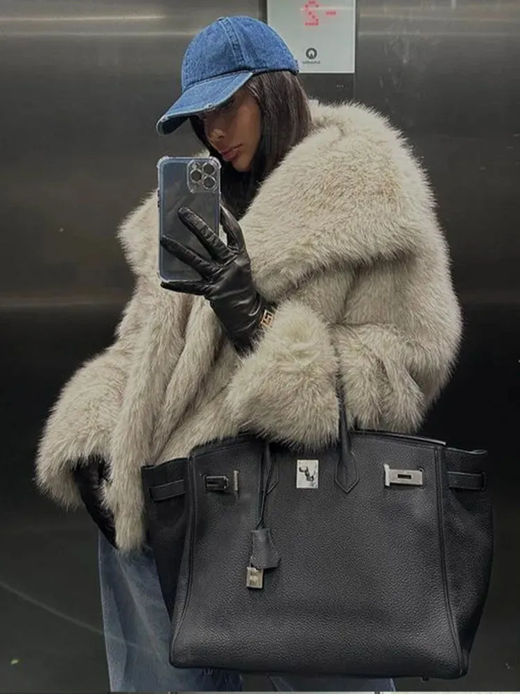 Fur Turndown Collar Long Sleeve Short Coat