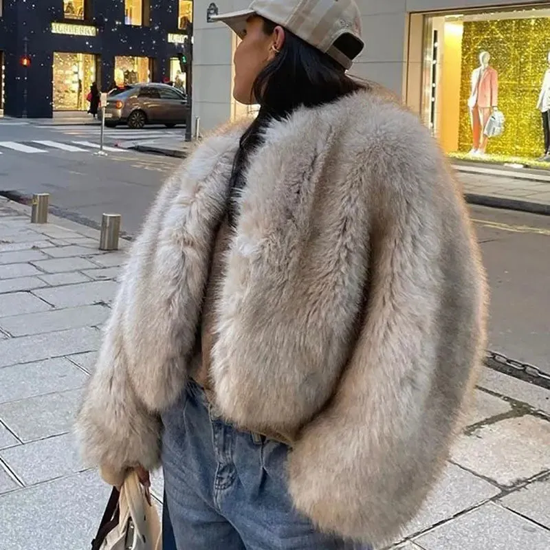 Fur Turndown Collar Long Sleeve Short Coat