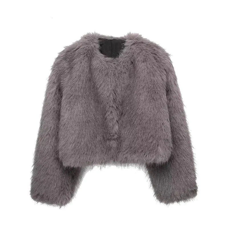 Fur Turndown Collar Long Sleeve Short Coat