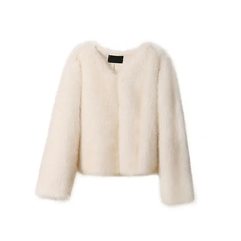 Fur Turndown Collar Long Sleeve Short Coat
