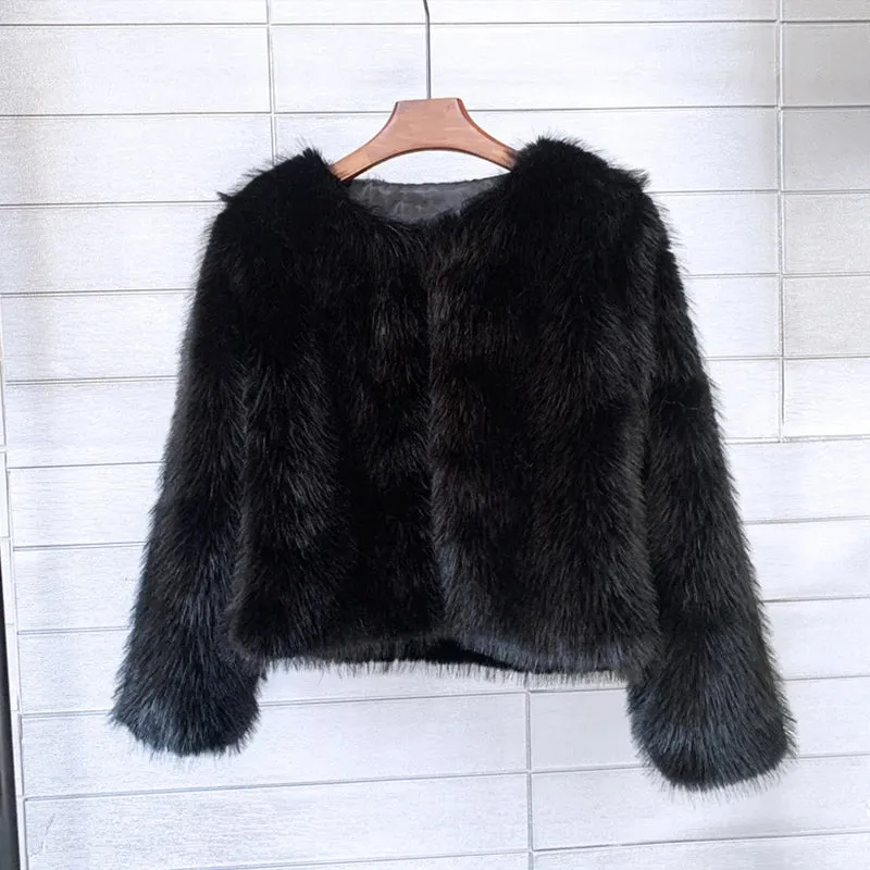 Fur Turndown Collar Long Sleeve Short Coat