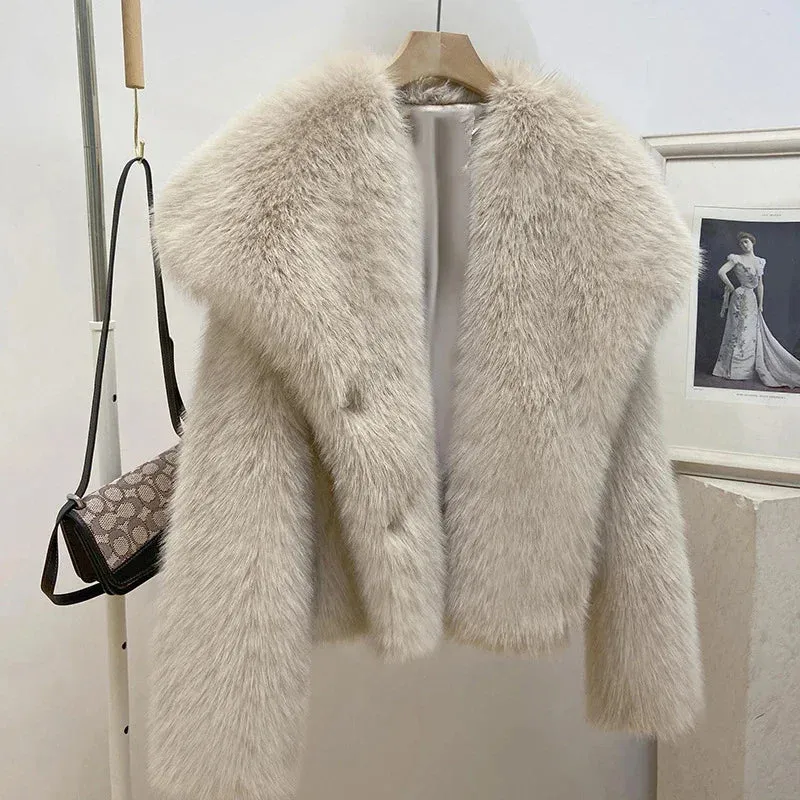Fur Turndown Collar Long Sleeve Short Coat