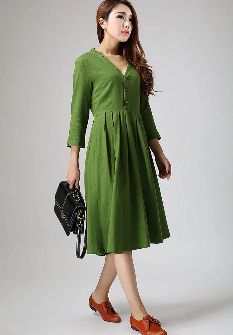 Green linen dress woman knee length dress casual long dress 0891#