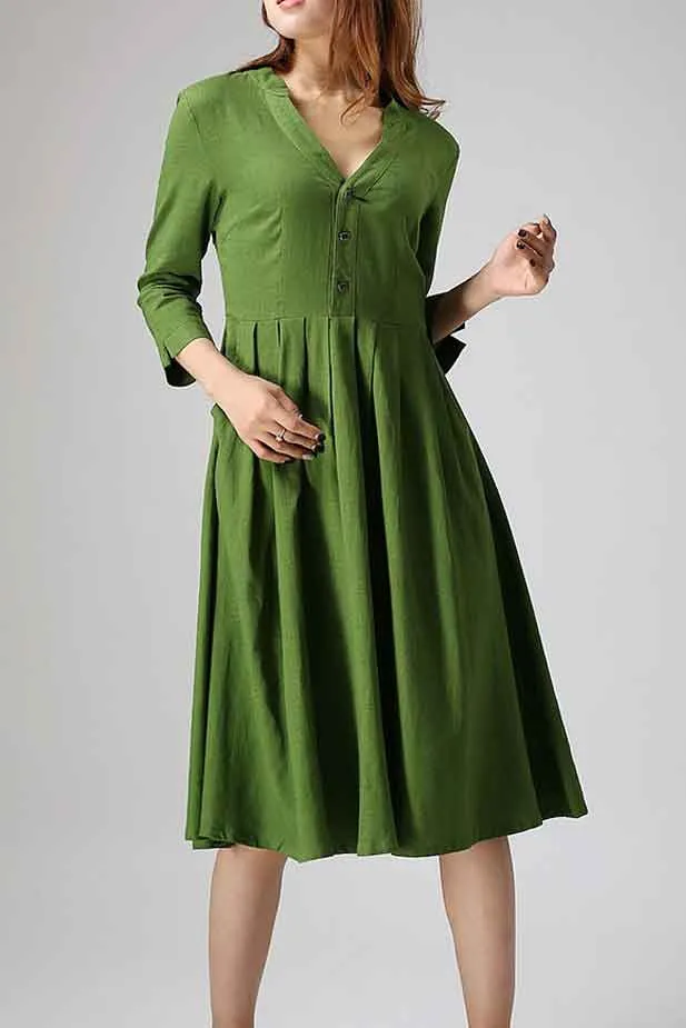 Green linen dress woman knee length dress casual long dress 0891#