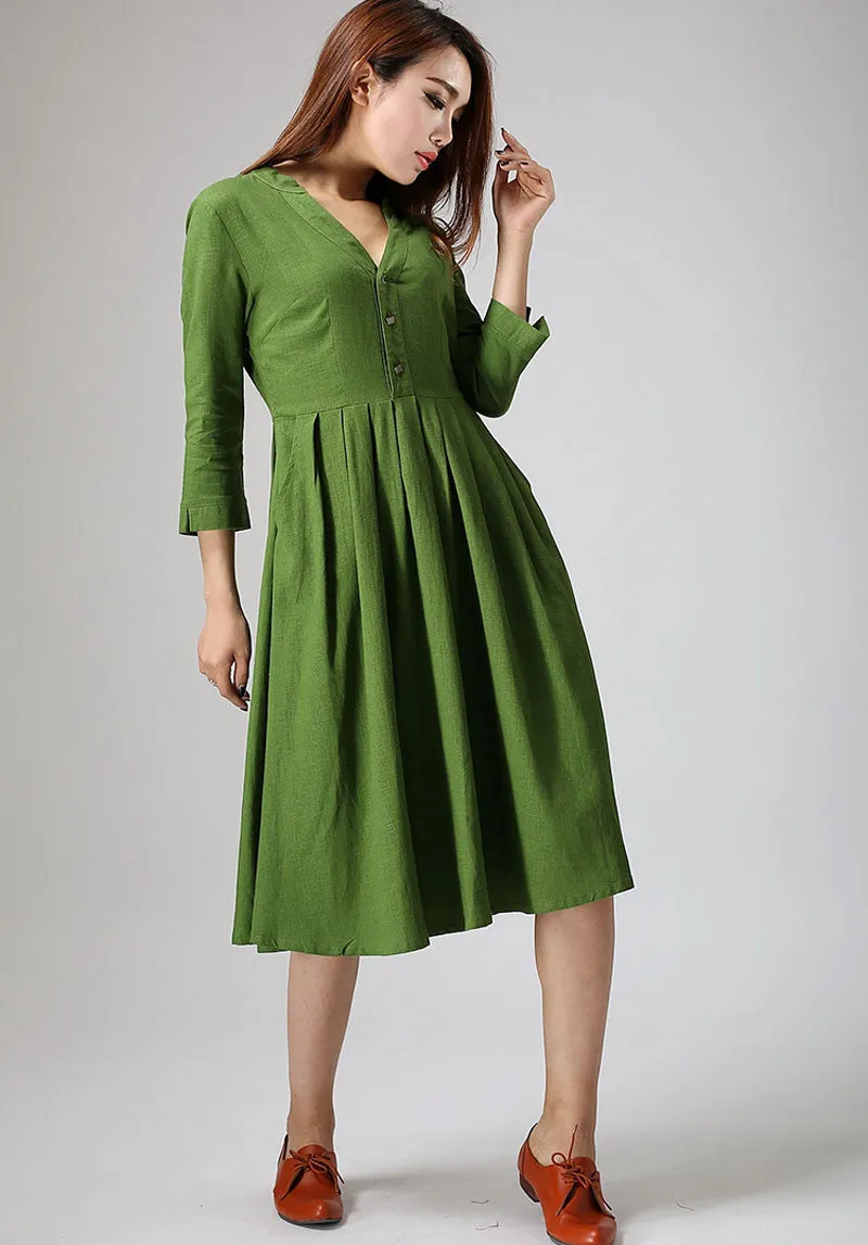 Green linen dress woman knee length dress casual long dress 0891#