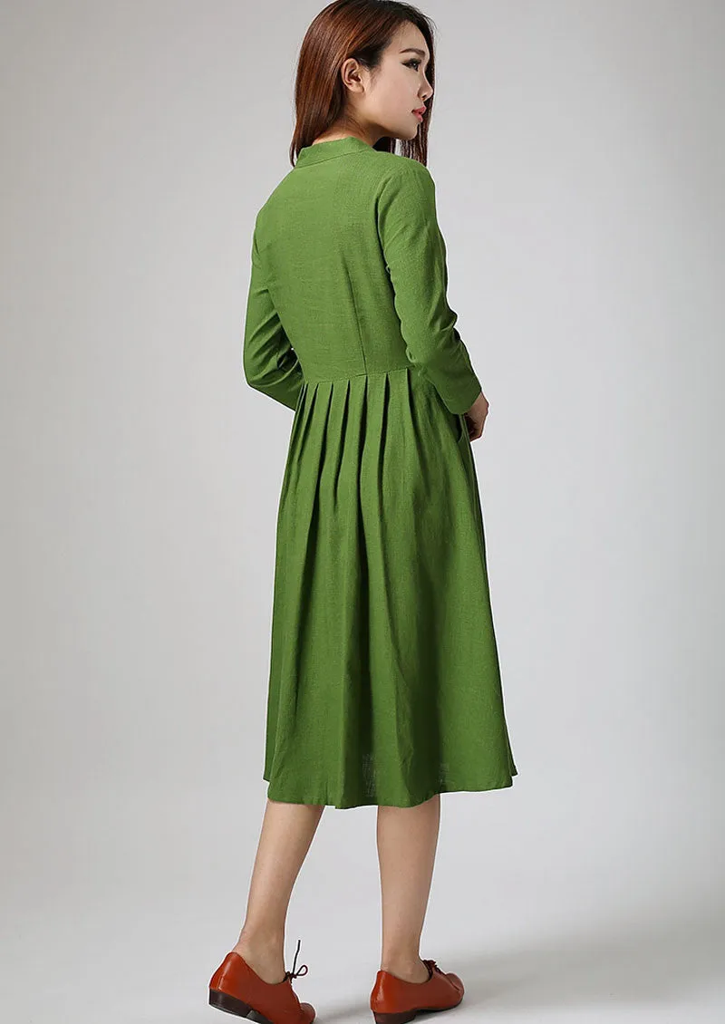 Green linen dress woman knee length dress casual long dress 0891#