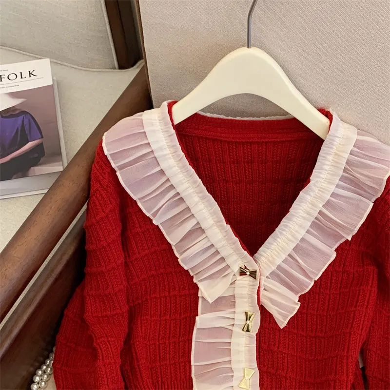 Lace Trim Neckline Christmas Red Cardigan