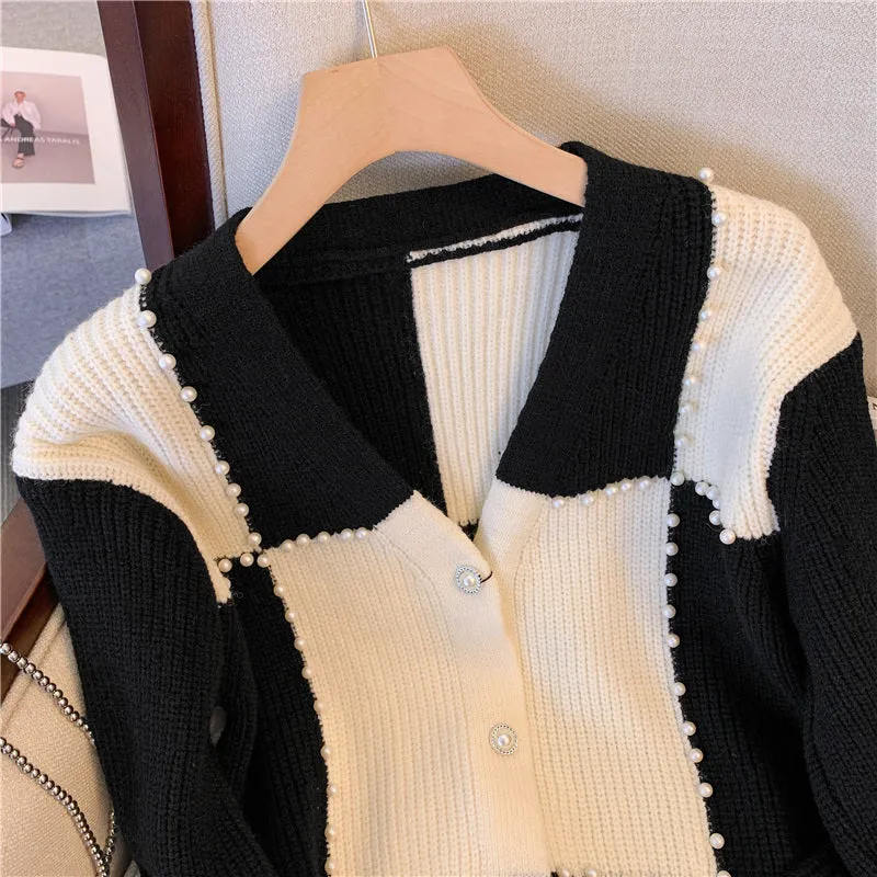 Lapel Color Blocking Thermal Cardigan