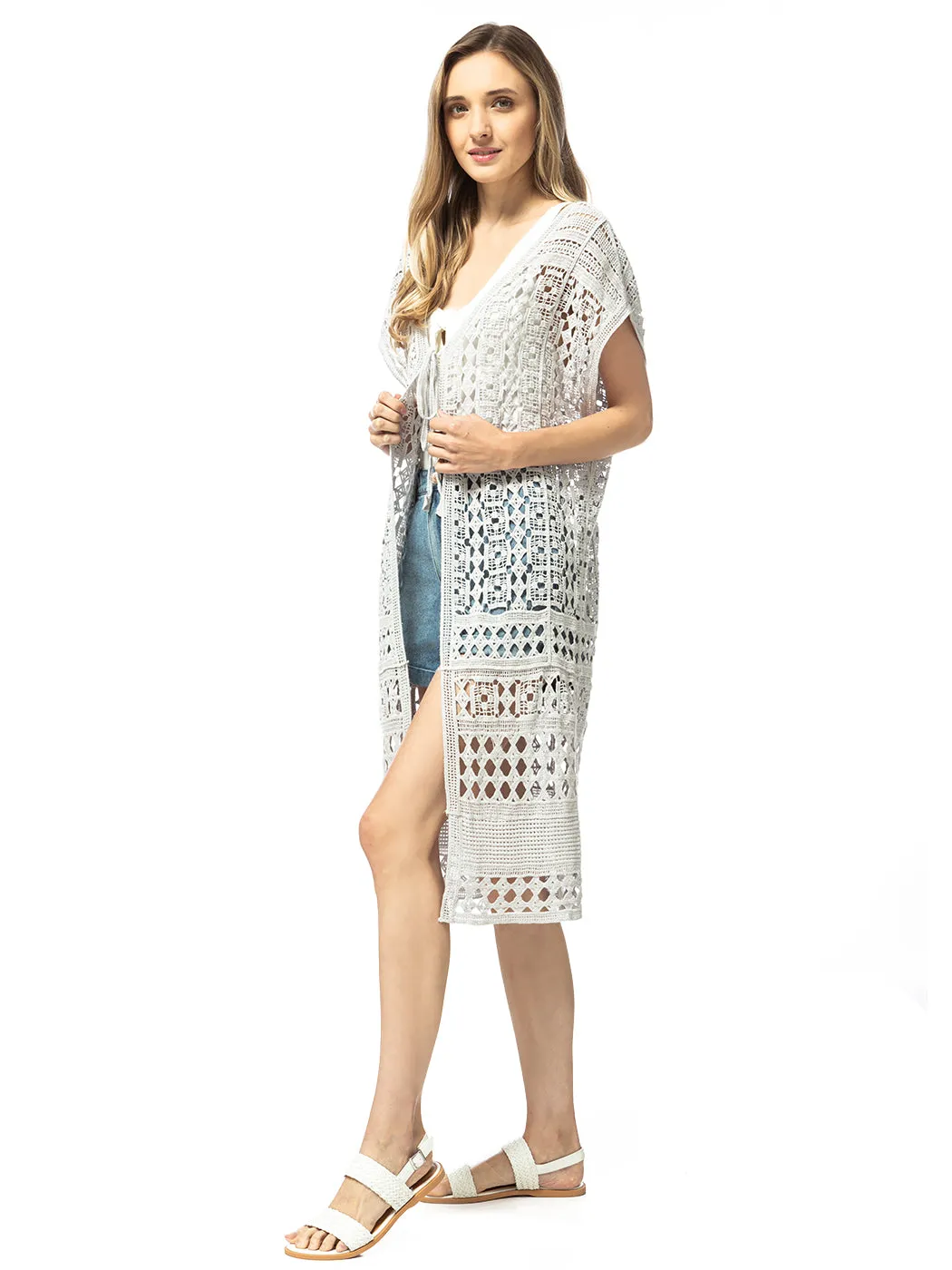 Long Short-Sleeve Crochet Knit Cardigan