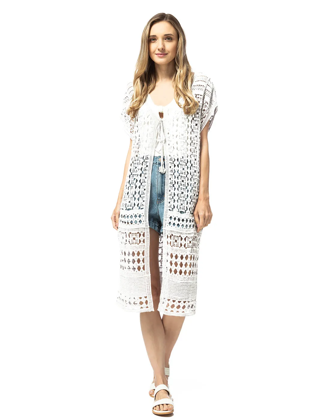 Long Short-Sleeve Crochet Knit Cardigan