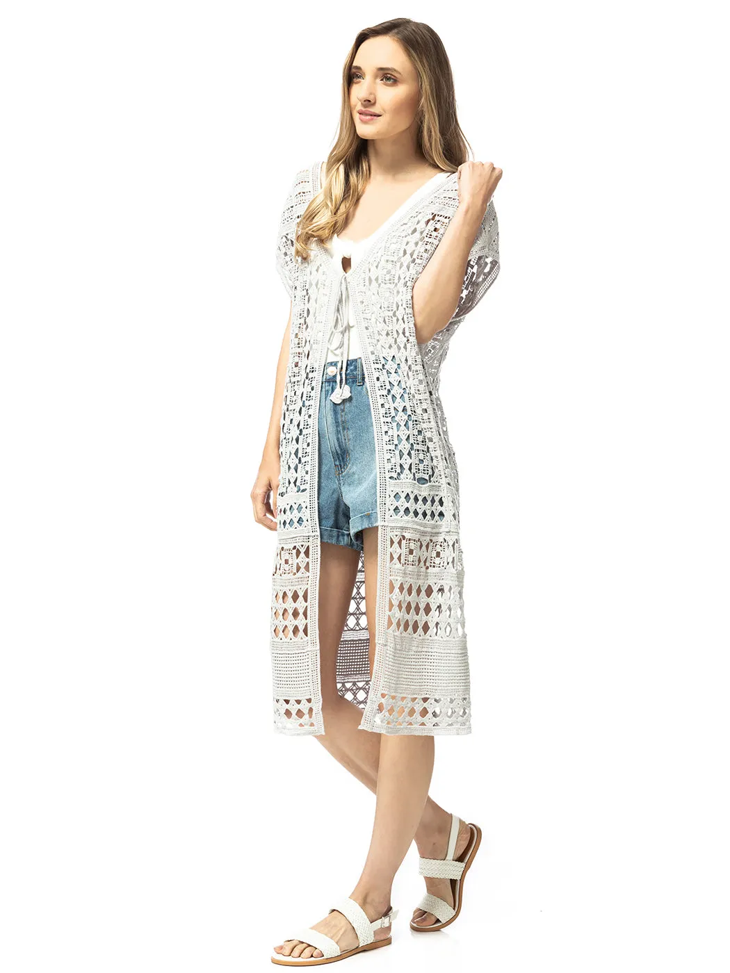 Long Short-Sleeve Crochet Knit Cardigan