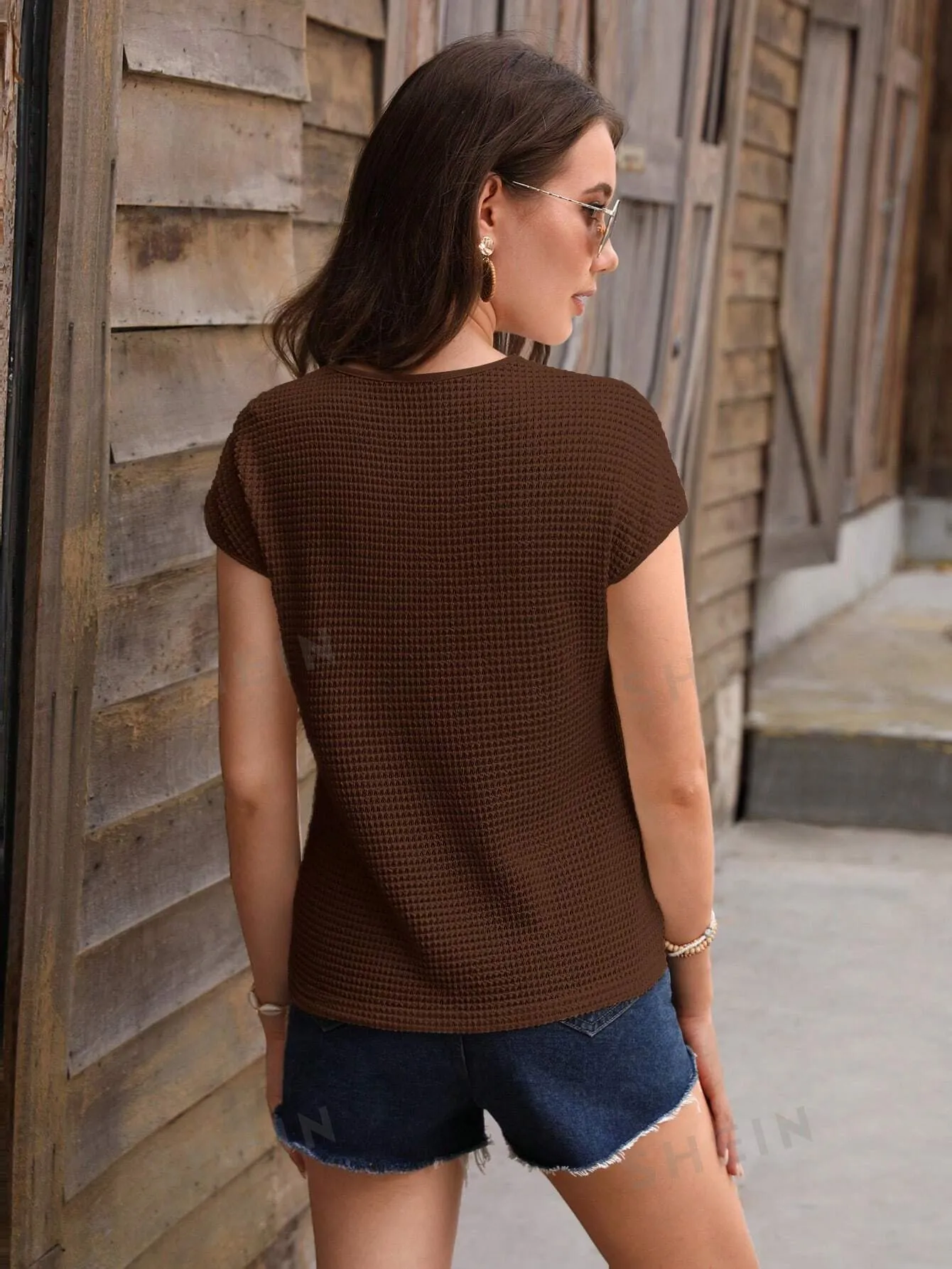 LUNE Guipure Lace Trim Waffle Knit Tee