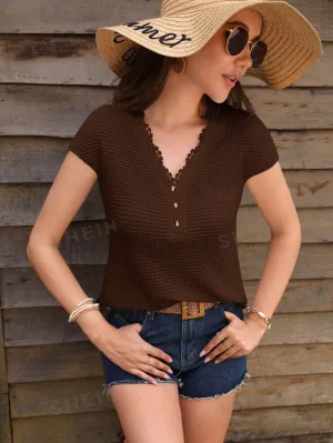 LUNE Guipure Lace Trim Waffle Knit Tee