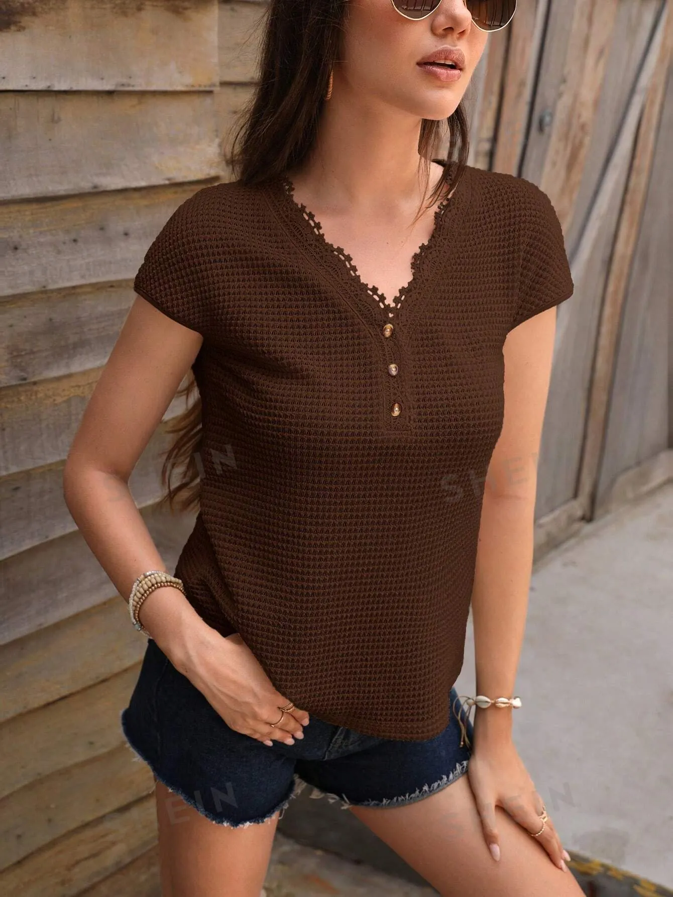LUNE Guipure Lace Trim Waffle Knit Tee