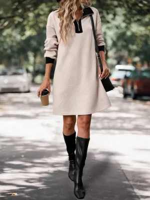 LUNE Women Textured Knit Patchwork Color Block Casual A-Line Dress With Front Zipper