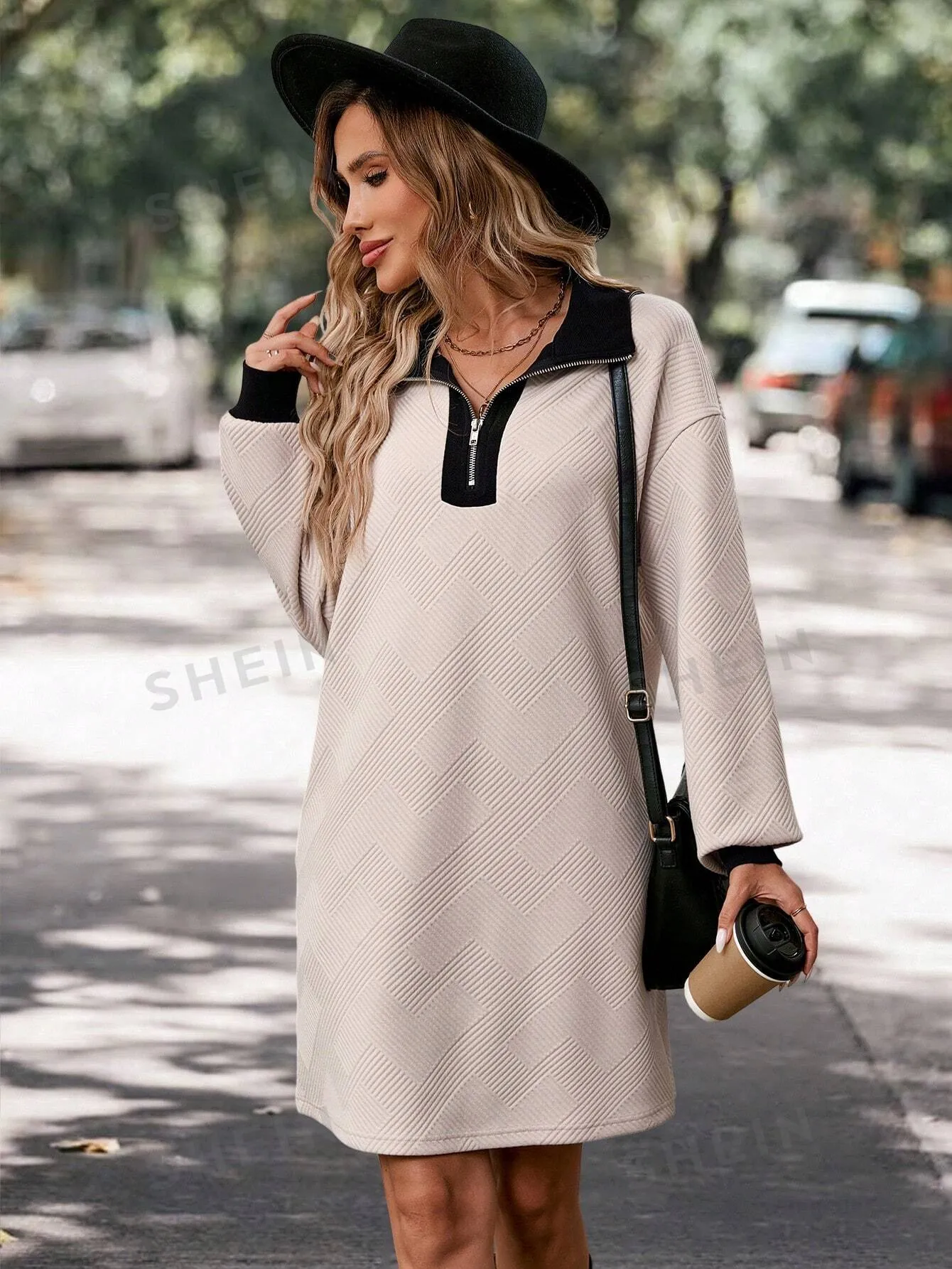 LUNE Women Textured Knit Patchwork Color Block Casual A-Line Dress With Front Zipper