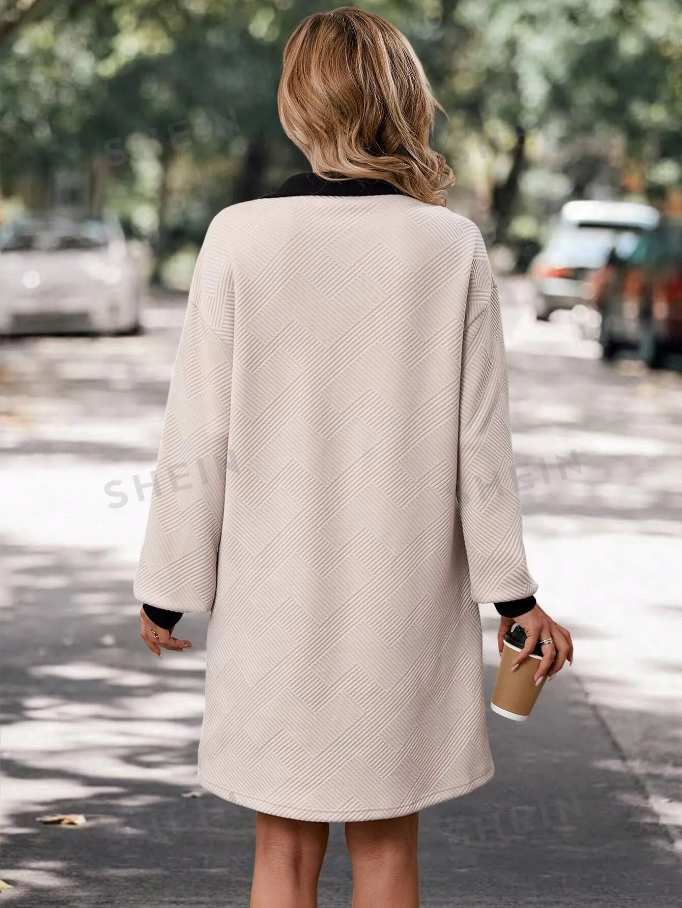 LUNE Women Textured Knit Patchwork Color Block Casual A-Line Dress With Front Zipper