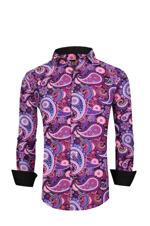 Men PREMIERE Long Sleeve Button Up Dress Shirt Colorful Pink Purple Paisley