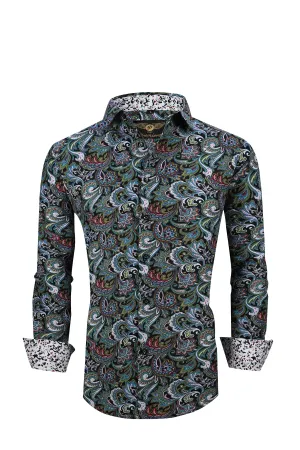Men PREMIERE Long Sleeve Button Up Dress Shirt Green Blue Paisley