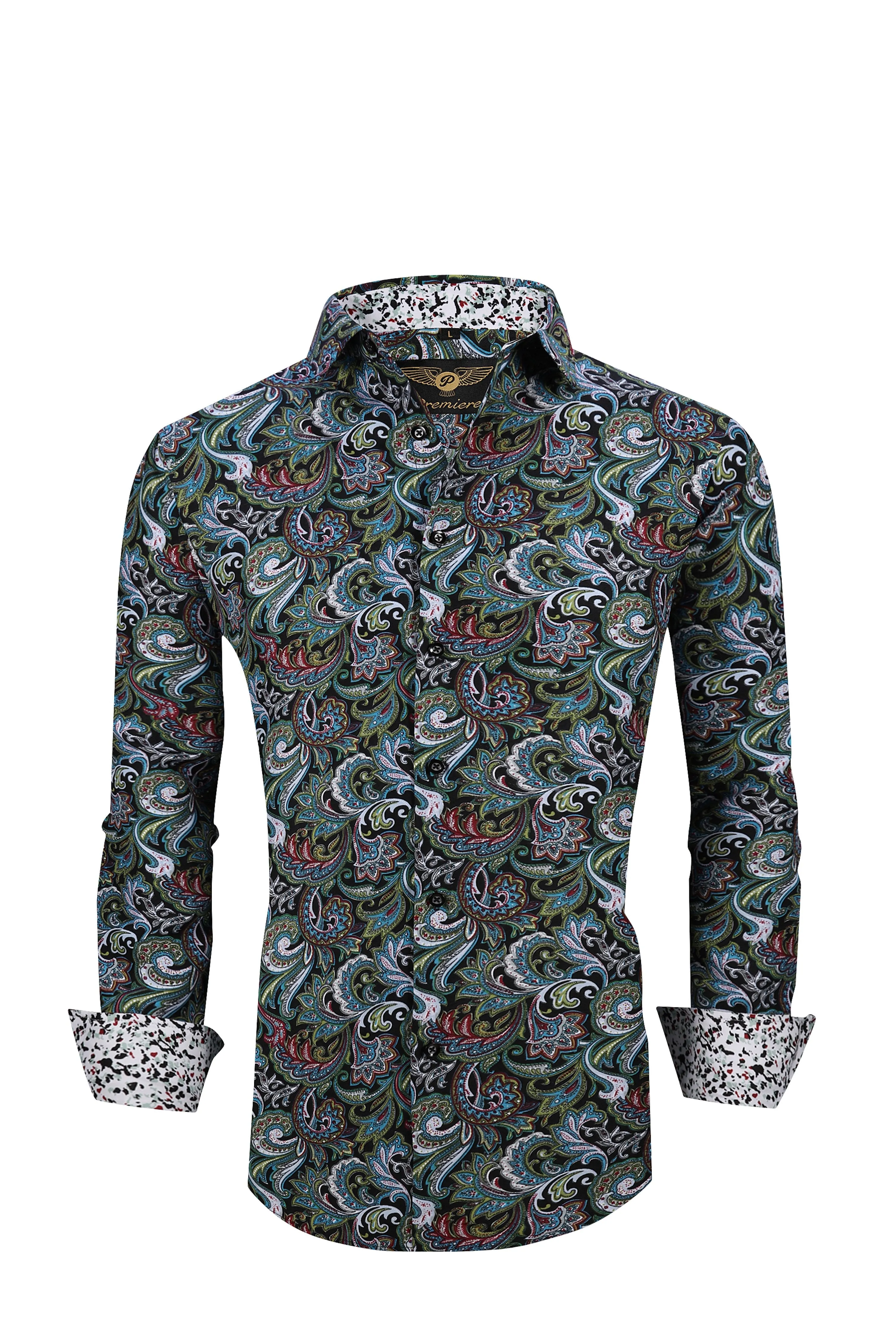 Men PREMIERE Long Sleeve Button Up Dress Shirt Green Blue Paisley
