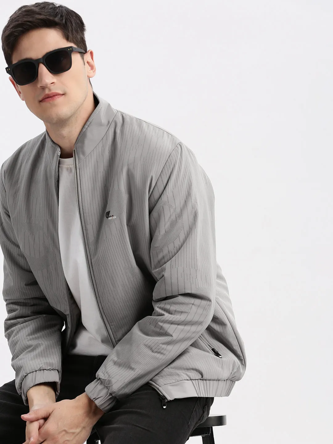 Men Striped Mock Collar Grey Bomber Jacket