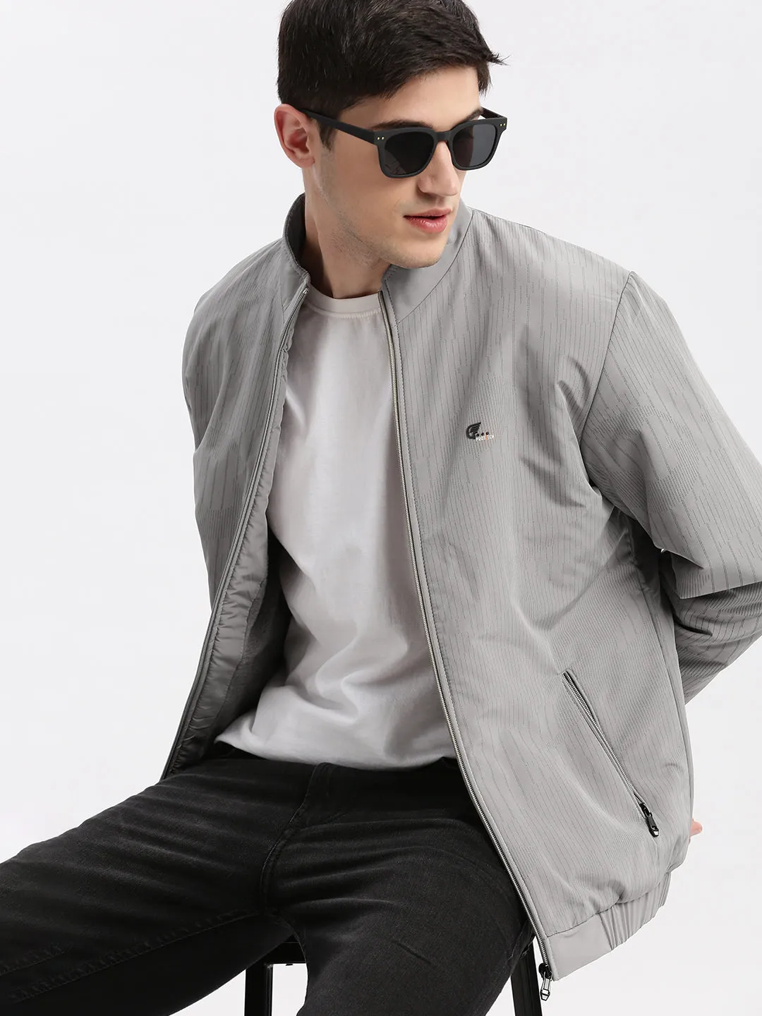 Men Striped Mock Collar Grey Bomber Jacket
